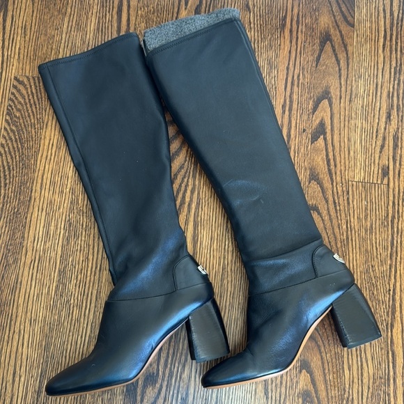 Tory Burch Black Sidney Leather 70mm Knee Boot. Stacked heel. Metal heel logo. 7 - Picture 11 of 11